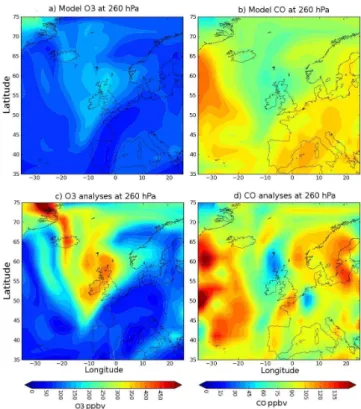 Fig. 1. Longitude–latitude maps at 260 hPa of model O 3 (a), model CO (b), O 3 analyses (c) and CO analyses (d) for 15 August 2007 at 12:00 UTC.