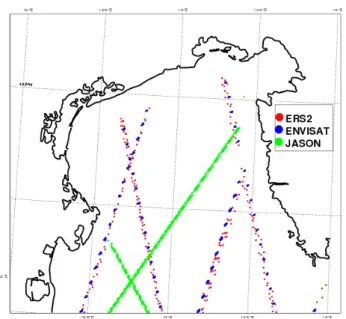 Fig. 10. Ground traces along which altimeter data is available in the northern Adriatic
