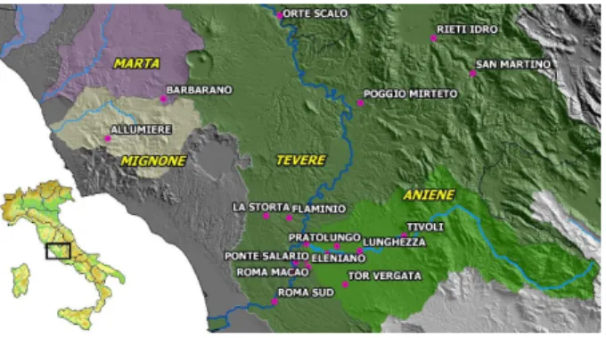 Fig. 2. Map of rain gauge stations in the low Tiber Valley, with indication of its geographic position in Central Italy.
