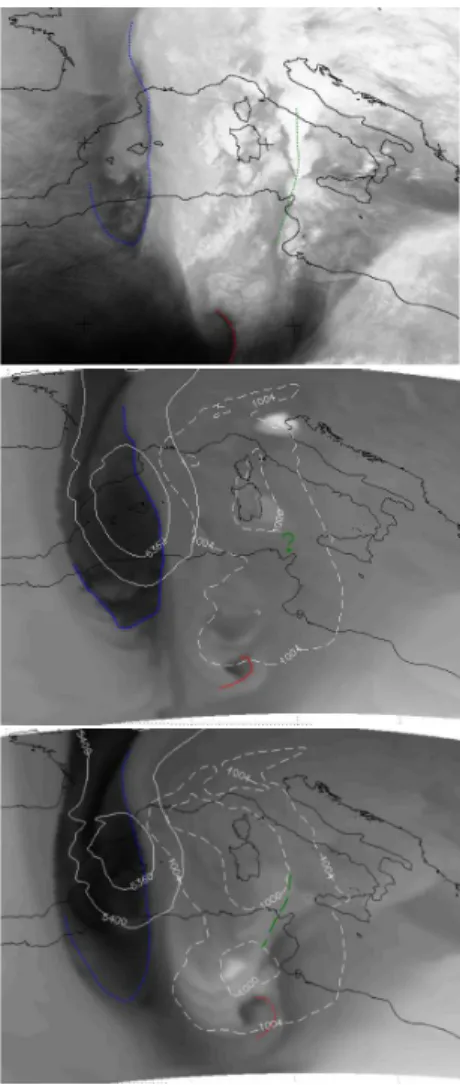 Fig. 8. 300-hPa PV, GPH, and wind at 00:00 UTC 11 Decem- Decem-ber 2008. Top: QBOLAM; bottom: BOLAM 2007.