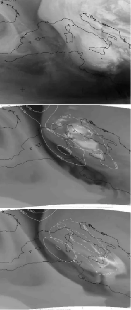 Fig. 9. PWV analysis at 15:00 UTC 11 December 2008. Top: MSG 6.2 WV image; middle: QBOLAM PWV image; bottom: BOLAM 2007 PWV image.