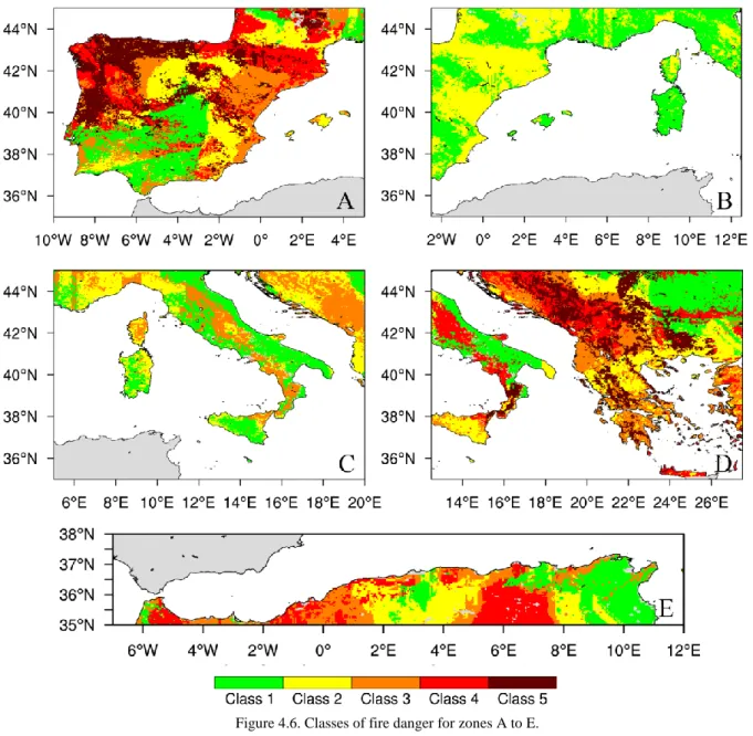 Figure 4.6. Classes of fire danger for zones A to E. 
