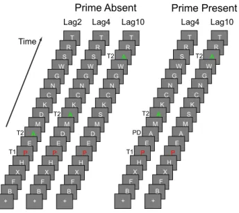 Figure 1. Attentional blink task. Subjects viewed RSVP streams of letters. Target 1 (T1) was colored red, Target 2 (T2) green, and the distractors white