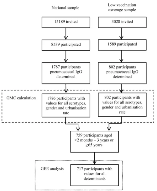 Fig 1. Flowchart of the PIENTER1 study population. The number of persons invited to participate in the PIENTER1 study and the number actually included in the GMC ratio (dashed line) and the determinant calculations (dotted line).