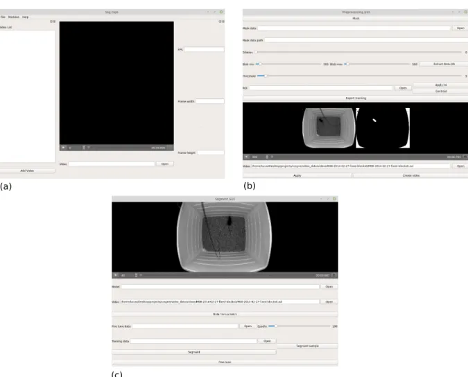 Figure 3.2: Graphic user interface for preprocessing and segmentation. (a) Initial window where the video can be loaded and some information is provided like frame rate and the videos’s resolution