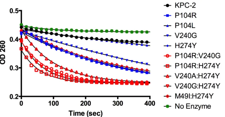 Fig 3. Progress curves of KPC-2 (black), single mutants (blue) and double mutants (red) and no enzyme control (green) for ceftazidime hydrolysis.