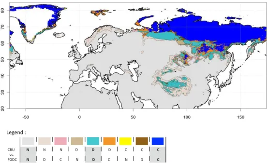 Fig. 1. Permafrost comparison between CRU temperature climatology with the RV conditions and the IPA/FGDC permafrost index