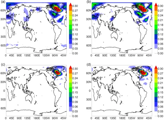 Figure 12. Maps of internal variability showing the connectivity of a node in the Labrador Sea (indicated with X)