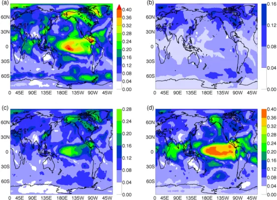 Figure 4. Maps of AWC obtained from single model run. The statistical interdependencies are quantified via (a) MIH, (b) MIOP intrasea- intrasea-sonal, (c) intra-annual, and (d) interannual timescales (see Sect