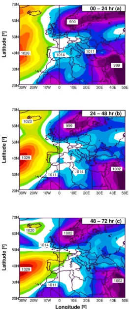 Figure 3. Mean synoptic situation from the NCEP/NCAR Reanal- Reanal-ysis project at (a) 00–24, (b) 24–48 and (f) 48–72 h after the “GO”.