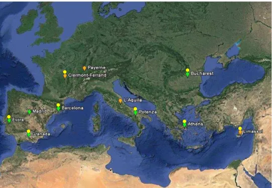 Figure 1. Geographical position of the 11 stations that participated in the exercise. Green labels indicate advanced lidar systems; orange labels indicate Raman lidar systems