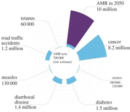 Figure 1.1 Number of deaths caused by antimicrobial resistance (AMR) each year  in relation to other causes of death
