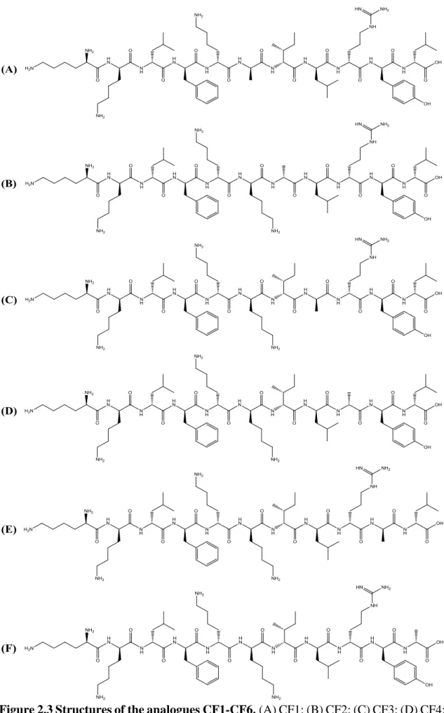 Figure 2.3 Structures of the analogues CF1-CF6. (A) CF1; (B) CF2; (C) CF3; (D) CF4; 