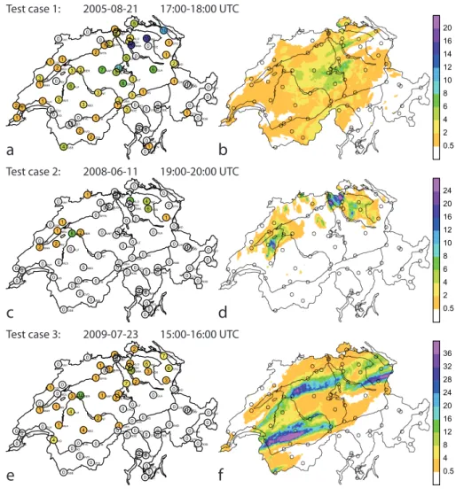 Fig. 5. Test cases considered in this study. (a, c, e) Hourly raingauge accumulations, (b, d, f) hourly radar accumulation; all in mm.