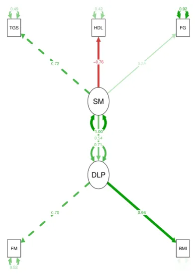 Figure 4.2: The CFA model, the standardized loadings are the straigth arrrows, green arrows for positive loadings and red arrow for negative loading