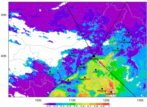 Fig. 1. Sampling location (116.30 ◦ E, 39.99 ◦ N) on a regional map superimposed with spatial distribution of annual mean fine aerosol optical depth (AOD) retrieved from MODIS satellite remote sensing in 2009