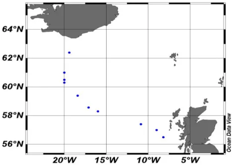 Fig. 1. Stations sampled during the D340 Extended Ellett Line Cruise to the North Atlantic in June 2009 (blue dots).