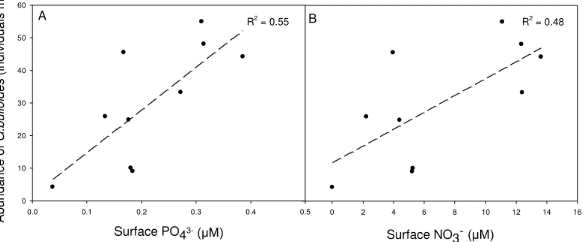 Fig. 5. Surface nitrate (A; including NO − 2 ) and phosphate (B) concentrations compared to in situ abundance of G