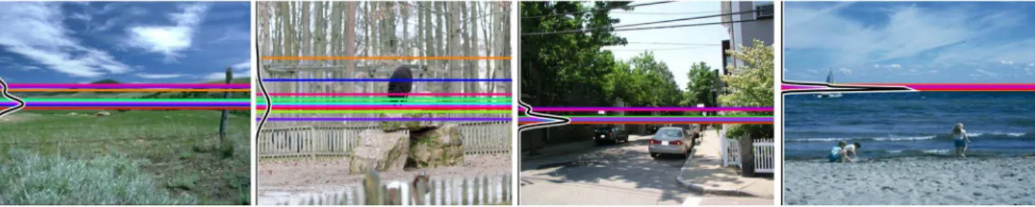 Figure 8. Examples of stimuli and results from experiment 1. Individual participant estimates are shown as colored lines, the black curves on the left of each image show the estimated estimate density function