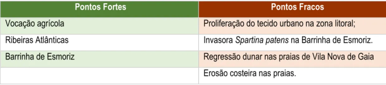 Tabela 9 - Ameaças e Oportunidades da UP Ribeiras Atlânticas de Vila Nova de Gaia e Espinho 