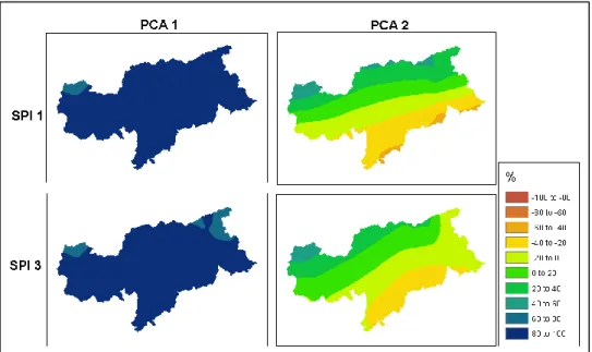 Figure 23: Spatial distribution of PCA 1 and PCA 2 correlations for SPI 1 and 3 month 