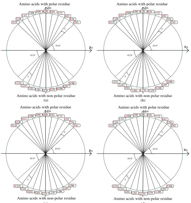 Fig. 2. Graphs of the mapping between the 20 amino acids and their corresponding positions on the circle in the proposed four mapping methods: (a) Method 1,  (b) Method 2, (c) Method 3, and (d) Mehtod 4 