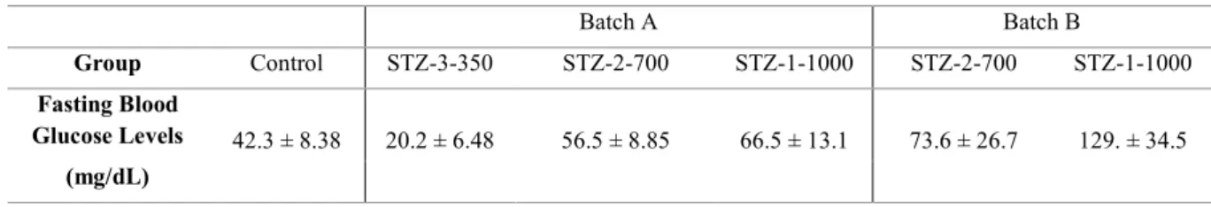 Figure 3.2 – Fasting  blood glucose levels for (a) STZ batch A  and (b) STZ  batch B at 4 days post last  injection