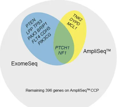 Fig 2. Summary of mutated AmpliSeq CCP genes. Genes containing variants and the associated sequencing platforms are shown