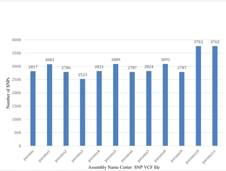 Graphic with the number of SNPs obtained for each assembly name VCF file where the Center SNP for each locus was chosen