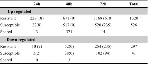 Table 4 - Number of differentially expressed unigenes at the 3 sampled time-points of the inoculated resistant and susceptible genotypes relative to the control