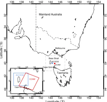 Figure 1. Map of southeastern Australia, showing the location of the Cape Grim Baseline Air Pollution Station, along with the  AC-CESS (blue) and CCAM (red) grid points selected to best represent Cape Grim