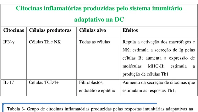 Tabela 3- Grupo de citocinas inflamatórias produzidas pelas respostas imunitárias adaptativas na  DC