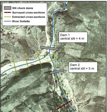 Figure 11. Traces of projected selective check dam in the upper  part of the study area (box b on Figure 1) and floodable area for  May 2004 event (dashed area) 