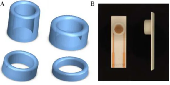 Figure 4 (A) 3D printed ring devices with different diameters and (B) SPIM with ring device to form a nest-like device.