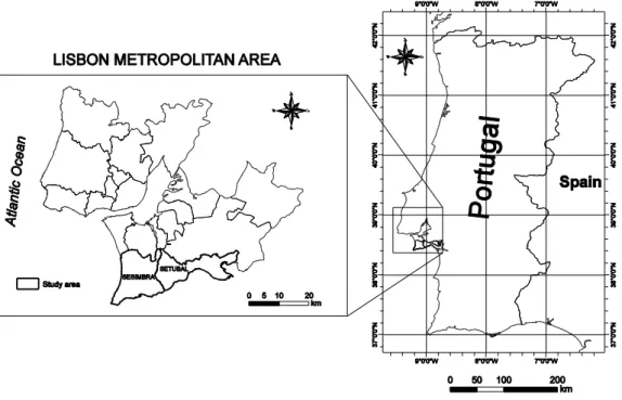 Figure 1. Location of the study area: two administrative areas, Setúbal and Sesimbra, in  the Lisbon Metropolitan Area (AML), Portugal