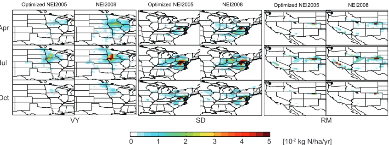 Figure 12. Map of sensitivities of J p to NH 3 emissions for three selected Class I areas (VY, SD, and RM) for two different NH 3 emission inventories (optimized NEI2005 and default NEI2008) in each month.