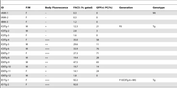 Table 1. Properties of MSCV-GFP founder and F1 mice in comparison to wild-type mice.