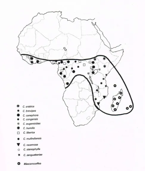 Figure 1. Geographic distribution of native Coffea spp. [11]. 