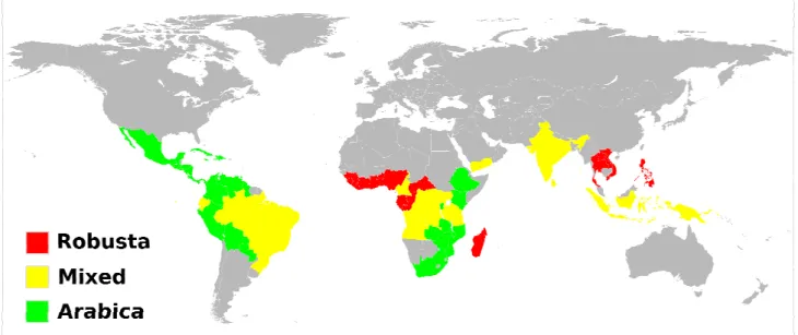 Figure 3. Coffee producing countries worldwide. China produces mixed species of coffee, although  it is not highlighted (source: http://www.ico.org)