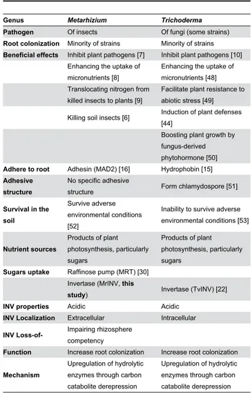Table  2.  Commonalities  and  differences  between Metarhizium and Trichoderma in root colonization.