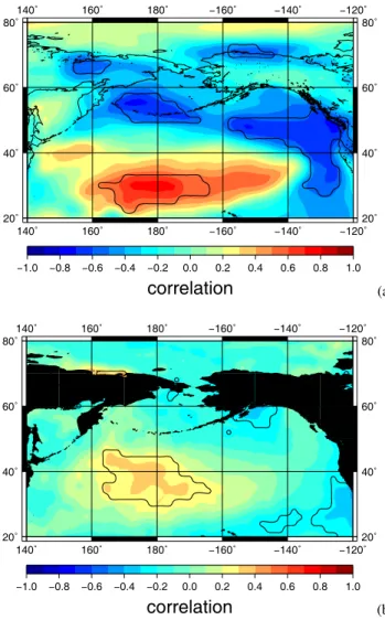 Fig. 10. (a) Correlation map of reconstructed accumulation rates (Elmer/Ice) with ERA-40 3 yr mean surface (2 m) temperature for 1958–1996 (39 yr)