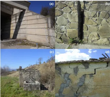Figure 10. Evidence of deformation and warping on the road tunnel (a), retaining walls (b), and old building (c–d).