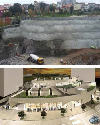 Figure 4. Overview of the project area. (a) View of shotcrete- shotcrete-pumping truck in operation on wall and excavation works in  progress