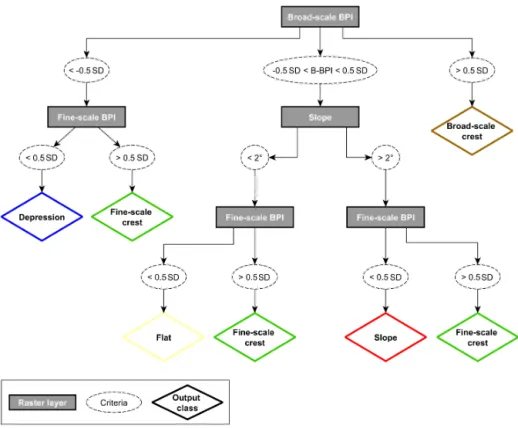 Figure 4. Classification decision tree, showing how the geomorphometric classification was conducted in the benthic terrain model tool.
