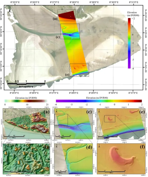Figure 9. Topobathymetric DEM across the northern part of the Knudedyb tidal inlet system with close-up views of different detail level in specific areas