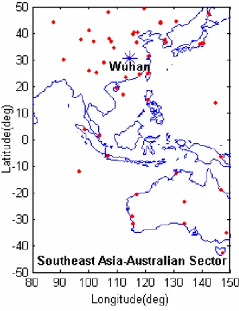 Fig. 1. The dots show the geographic distribution of the GPS re- re-ceivers that were used in our TEC calculation
