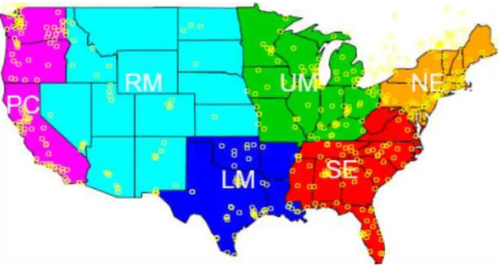 Fig. 1. Analysis sub-regions and monitoring sites (AIRnow net- net-work), the horizontal domain is discretized with a 442 × 265 12 km grid cells