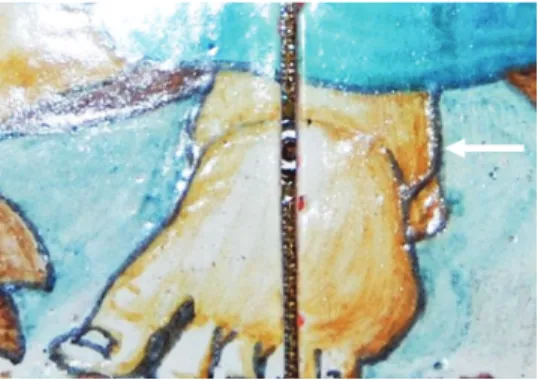 Figure 4.  Polished sections of the azulejo panel Nossa Senhora da Vida observed at the optical  microscope ‒ left to right: Az032/00; Az032/03; Az032/08