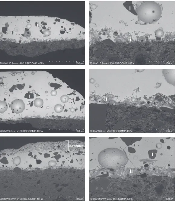 Figure 6.  SEM  images  of  samples  of  Nossa  Senhora  da  Vida  panel  at  lower  and  higher  magnification ‒ from top to bottom: Az032/01; Az032/02; and Az032/08, that exemplify  the main micro-morphologic characteristics generally associated with the