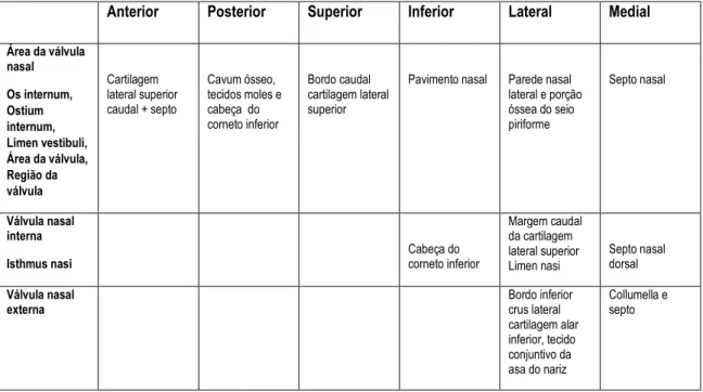Tabela 1 - Limites da área da válvula nasal, válvula interna e válvula externa